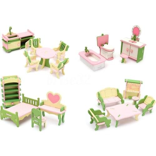 LCLL-4 Set Wooden Dollhouse Miniature Furniture Puzzle Model Children Kids Toys