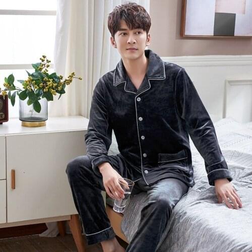 2020 Autumn/winter Pajamas Mens Flannel Korean Version of The Double-layer Thickened Island Fleece Cardigan Home Service Suit