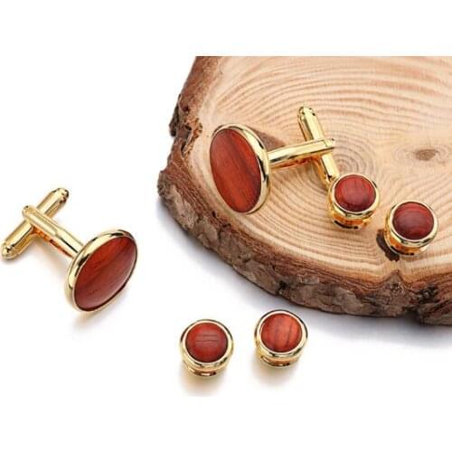 Natural Wood Inlaid Tuxedo Cufflinks Studs Set 6pcs Set Round Rosewood Cuff Links Buttons Set Mens Jewelry Accessory Gift 5 Set
