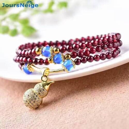 Wholesale Red Wine Natural Garnet Bracelets Round Beads With Gourd Pendant Lucky for Women Girl Gift Crystal Bracelet Jewelry