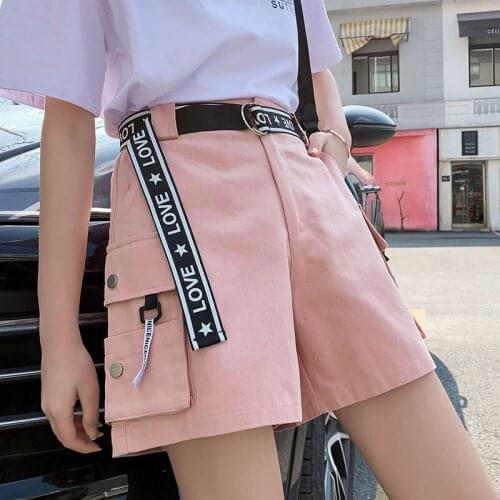 Plus Size Women Cargo Shorts with Belt Female Summer High Waist Pocketed Streetwear Shorts Ladies Casual Loose Jogging Shorts