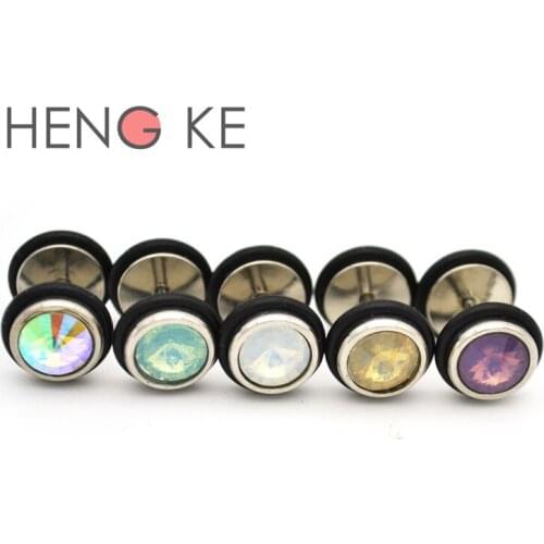 Imitation of opal Barbell Ear Stud Earrings Crystal Gem 8mm Punk Body Jewelry for Women Men O Earring Dumbbell