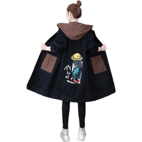 Women Spring And Autumn Long Denim Trench Coat Lady Elegant Hooded Plus Size Loose Coat New Fashion Female Windbreaker OK826