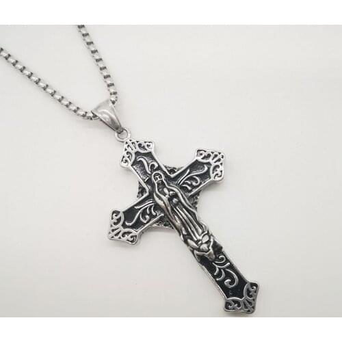 Vintage Silver Stainless Steel Virgin Mary Cross Pendant Necklace Religious Christian Double Sided Praying Cross Necklace Amulet