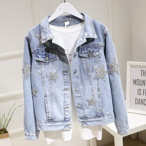 2021 Spring Autumn New Womens Denim Jacket Korean Edition Five Pointed Star Inlaid With Diamond Slim Short Jeans Jacket Women