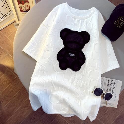 Women‘s Black Bear Printed Tshirts Fashion Girls Plus Size Tops Letter Short Sleeve Loose t-shirt Summer Clothing White Tees