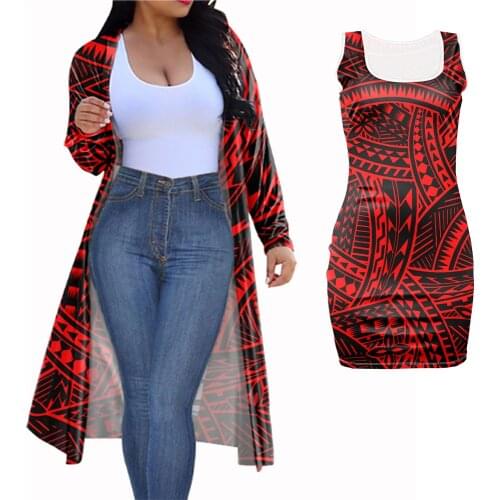 Custom Women 2 Piece Clothing Set for Women Long Coat Short Party Bodycon Dress Plus Size Hawaii Tribal Polynesian Style