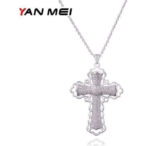 YAN MEI Lady Christmas Jewelry Clear Cubic Zirconia Trendy Cross Pendant & Chain For Men/Women Holy Bible Jewelry GLD0311
