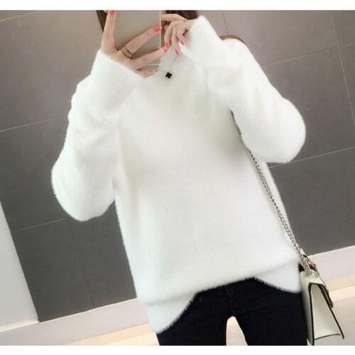 Warm Fall Knitted Faux Mink Fur Pullover Women Long Hair Turtle Neck Tops Ladies White Solid Color Jumper Casual Femme Pull Top