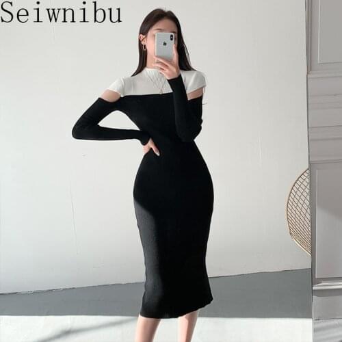 New 2020 Autumn Women Dresses Korean Slim Woman Elegant Office Knitted Dress Lady Stitching Knitting Warm Sweater Dress Vestidos