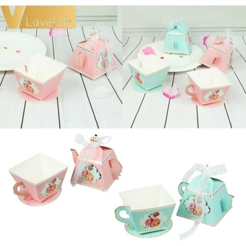 10Pcs Paper Gift Box Pink Blue Tea Cup Teapot Candy Birthday Party Supplies Baby Shower Decoration Packaging Box