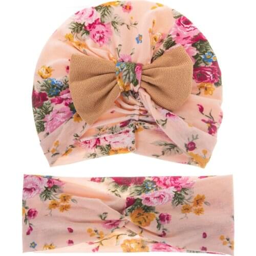 2Pcs Floral Baby Girl Hat Turban Headband Set Cute Bow Kids Hats Caps Autumn Soft Elastic Toddler Girls Bonnet Cap Kids Headwear