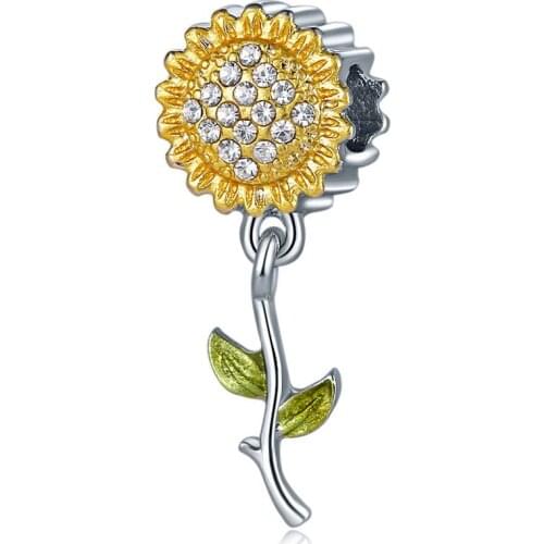 5PCS Wholesale Silver Color Crystal Sunflower Beads Enamel Leaves Charms For DIy Women Men Bracelet Original For Jewelry Making