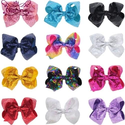 Yundfly 8 Inch Sequin Bow Hair Clip Fish Scales Large Bowknot Girls Hairpins Big Bows Baby Children Headwear Hair Accessories