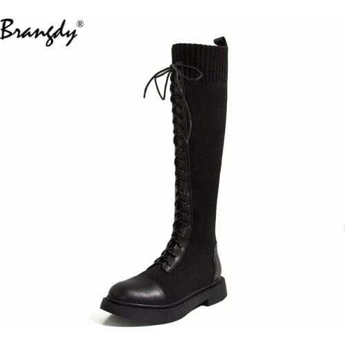 Brangdy Fashion Women Knee Hight Sock Boots Genuine Leather Wedges Women Shoes Round Toe Splicing Women Spring Autumn Boots