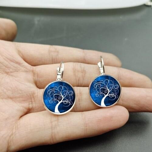 British Lady Glass Alloy Tree of Life Silver Copper Earrings Round Tree of Life Earrings Jewelry Gift