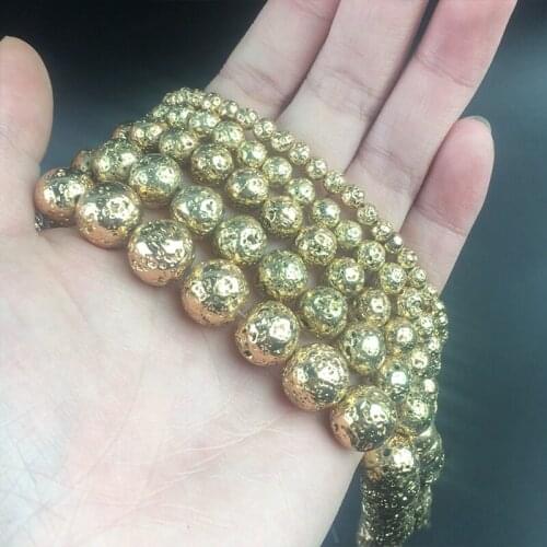 Round Gold Volcanic Lava Stone Beads Natural Loose Spacer Bead For Jewelry Making DIY Bracelet Necklace 15" Pick Size 4/6/8/10mm