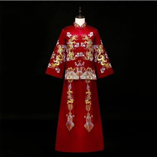 Chinese Style Bridegroom Clothing Marriage Set Vintage Long Robe Gown Men New Dragon Embroidery Wedding Costume Cheongsam