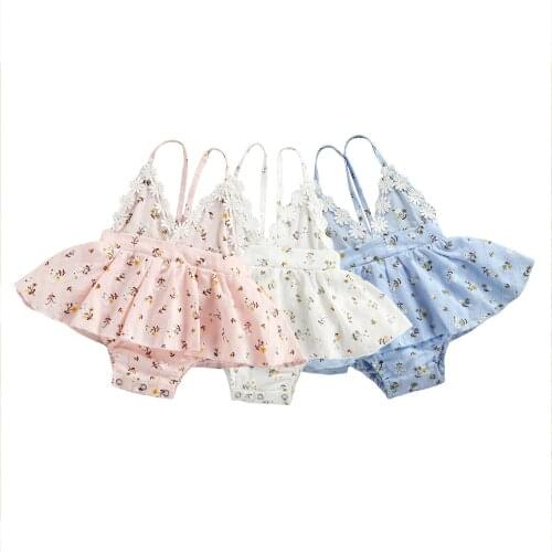 Toddler Summer Romper, Full Floral Spaghetti Strap V-Neck Backless Jumpsuit Skirt for Baby Girls, 0-24 Months, 3 Colors