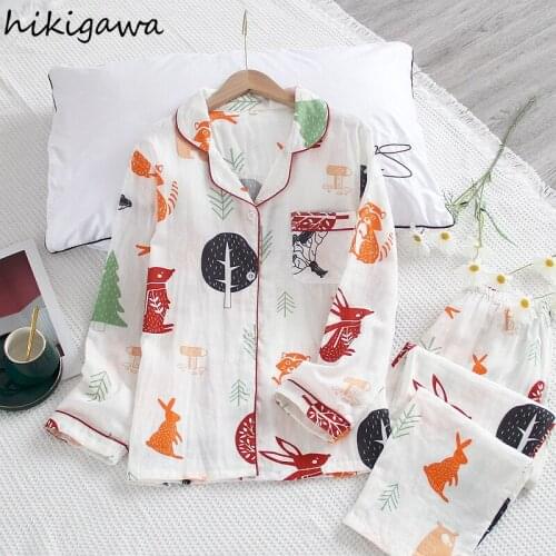 Hikigawa 2021 Pajamas Set for Women Cartoon Print Long Sleeve Trousers Two Piece Sets Pantsuits Home Clothing Pijamas De Mujer