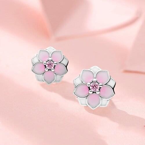 Cute Boho Female Small Pink Flower Earrings 100% Real Sterling Silver Stud Earrings Fashion Party Double Earrings For Women