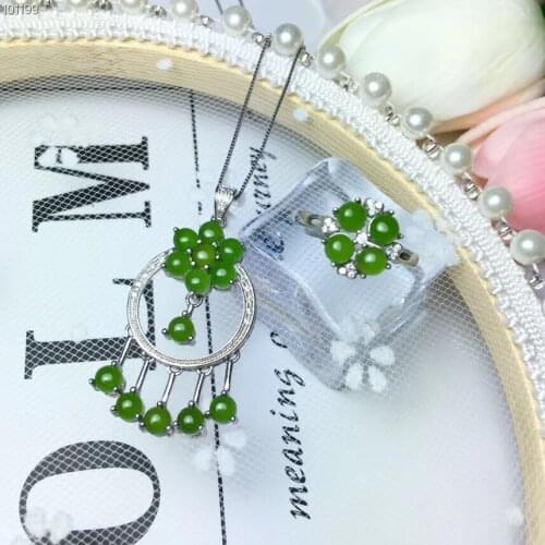 Natural green jasper Ring Pendant Natural Gemstone Jewelry Set 925 Silver Extravagant personality Tassels Women party jewelry