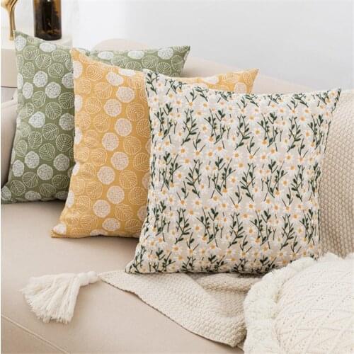 Yellow Daisy Embroidery Cushion Cover Cotton Linen Florals Pillow Cover 45x45cm /30x50cm Home Decor Fish Sofa Pillow Sham
