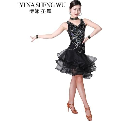 New Women Latin Jazz Dance Dress Dance Performance Sequined Beaded Mesh Adult Ladies Sexy Salsa/Ballroom/Tango Competition Dress