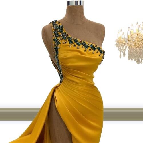 Charming Yellow One Shoulder Mermaid Evening Dresses High Slit Crystal Dubai Arabic Party Dress Women Pageant Gowns 2021