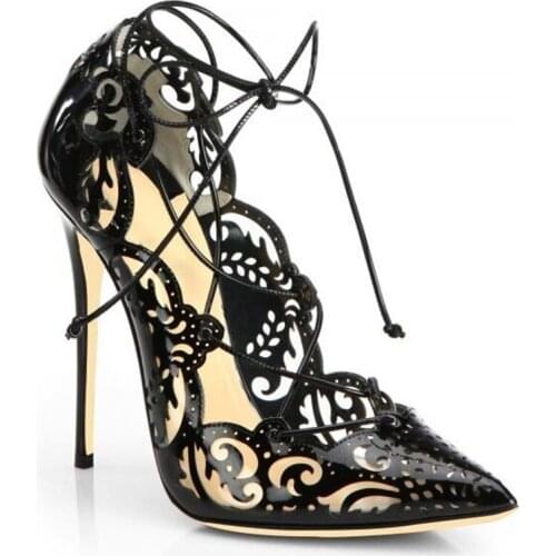 Sexy Yellow Hollow High Heels Shoes Lace-up Stiletto Heels Patent Leather Shallow Dress Shoes Pointed Toe Cut-out Strappy Pumps