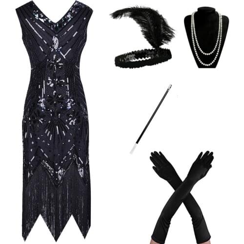 Plus Size Women 1920s Art Deco Great Gatsby Sequin Fringe Flapper Dress Tassels Costume Accessories Set with Sleeveless