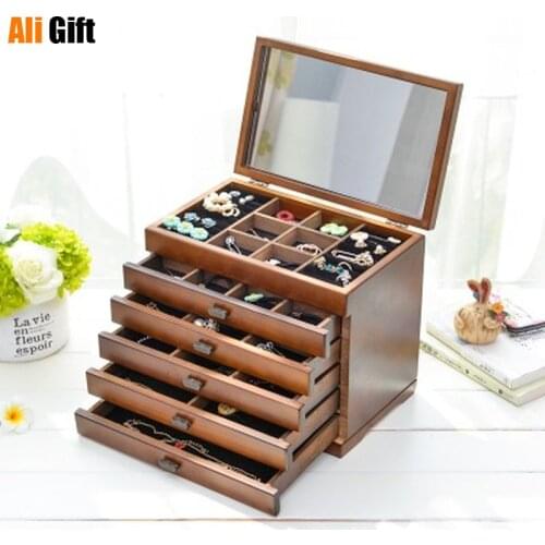 2021 European Style Jewelry Box Storage Box Wooden Princess with A Mirror Storage Wedding Gift Makeup Organizer Case Wooden Box