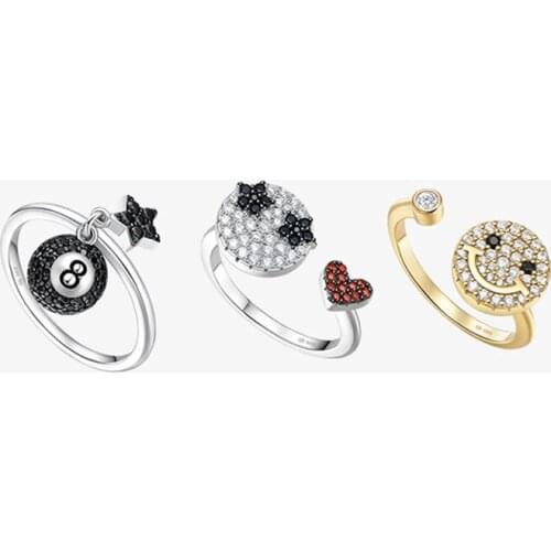 SOELLE Real 925 Sterling Silver Fashion Funny Smile Loving Emoticon Black Eight Ring Micro Cubic Zirconia Stones for Women Girls