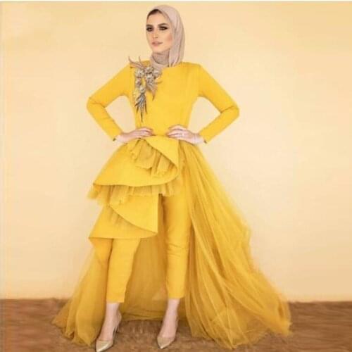 Modern Fashion Gold Hijab Women Outfits Jumpsuit With Over Wrap Skirt Long Formal Party Dresses Full Sleeves Floral Prom Gowns