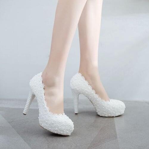 Women Wedding Shoes Bridal Party Dress Pumps Platform High Heels White Lace Flower Pearl Round Toe