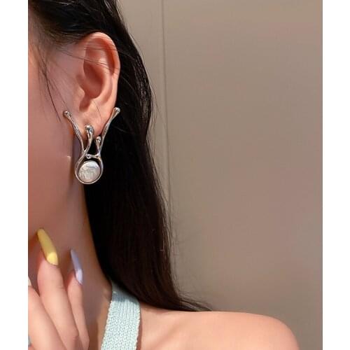 TARCLIY New Geometric Creative Metal Freshwater Pearl Ear Studs Silver Color Irregular Metallic Earring Women Fashion Jewelry