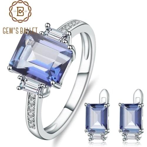 GEMS BALLET Natural Iolite Blue Mystic Quartz Gemstone Earrings Ring Set Pure 925 Sterling Silver Fine Jewelry Sets For Women