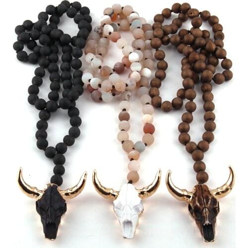 Fashion Bohemian Jewelry Natural Druzy Bead Long Knotted 3 Color Horn Pendant Necklace For Women Ethnic Necklace