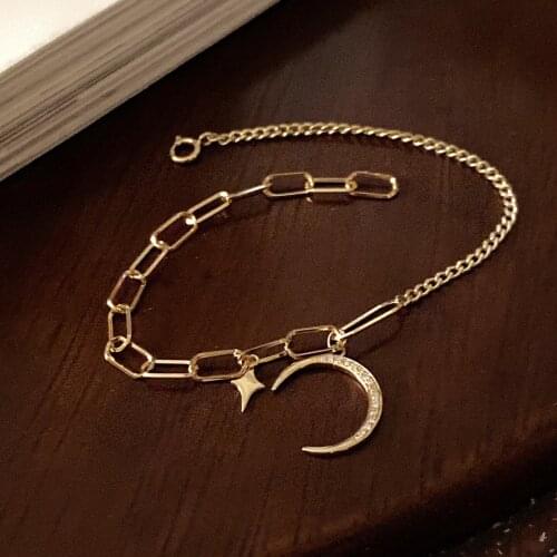 18K Solid Yellow Real Gold Jewelry(AU750)Women Diamond Stars Moon Bracelet Necklace Designer Simple Fine Jewelry Personalized