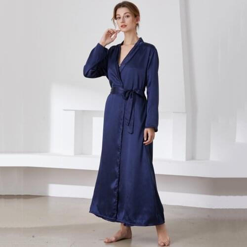 Female Sexy V-Neck Long Robe Gown Spring Autumn Casual Kimono Bathrobe Full Sleeve Sleepwear Loose Home Dress Solid Nightgown