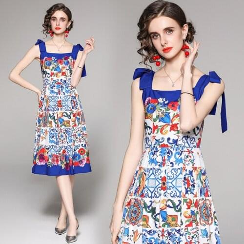 2021 Summer New Womens Fashion Party Casual Beach Outing Elegant Chic Lace Up Camisole Print Sexy Strap Dresses Runway Design