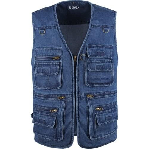 Fast Ship Denim Vest Men Cotton Sleeveless Jackets Blue Casual Fishing Vest with Many Pockets Plus Size 10XL Outdoors Waistcoat