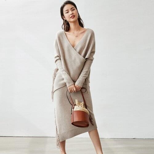 100% Cashmere Knitted Suits Women Casual Style Two Pieces Set Solid Knitted Long Sleeve Pullover And Skirt Elegant New Fashion