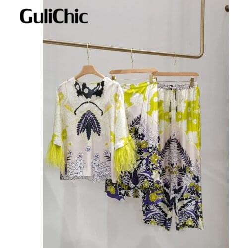 6.17 HIGH END QUALITY Feather Tassels Silk Print Shirt Blouse Or High Waist Slim Skirt Or Wide Leg Pants Fashion Set Women