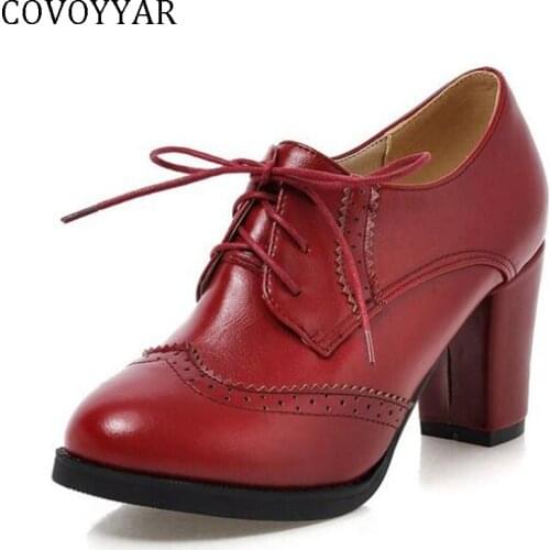 COVOYYAR 2020 Vintage Lace Up Women Pumps Cut Out Oxford Shoes Chunky Heel Patent Leather High Heels Lady Ankle Boots WHH132