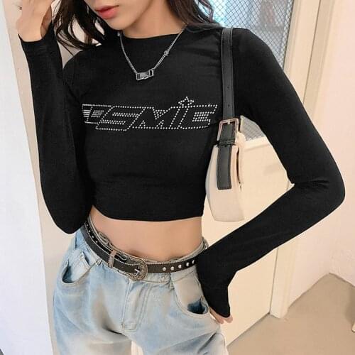 E-girl Rhinestone Letter Printed Tshirt Woman Street Bodycon Slim Y2k Crop Tops Female Soft Long Sleeve Basic 90s Aesthetic Tees