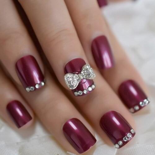 Short Crafted Jewellry Fake Nails Crystal Custom Bowknot False Nails Deep Purple Short Manicure Tips Kit 24