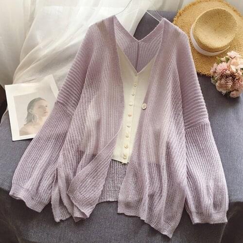 Lightweight Knitted Solid Hollow Out Women Sweater Cardigan Autumn New 2021 Solid Loose Casual Female Outwear Coats Tops