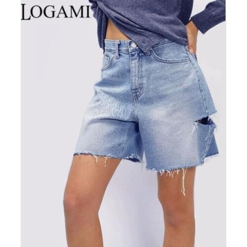 LOGAMI High Waist Loose Casual Straight Denim Shorts Torn Street Riding Shorts Women Boyfriend Jeans Shorts