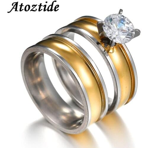 Atoztide 2pcs/set Fashion Cubic Zirconia Groove Couple Rings Gold Color Stainless Steel Wedding Band Lovers Finger Rings Gift